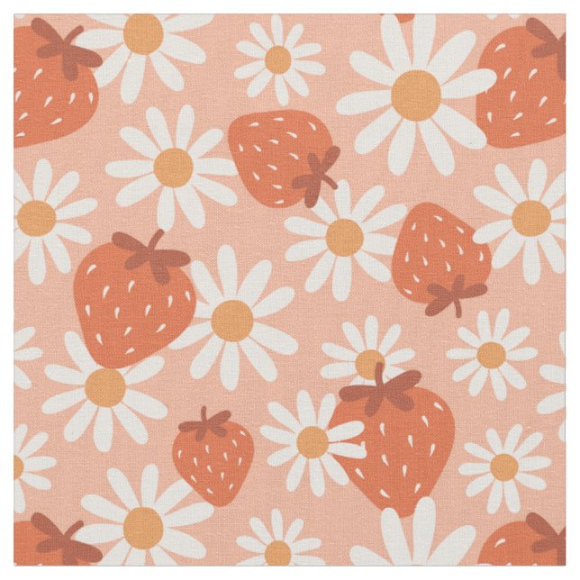 Groovy Daisy Strawberry Print Summer Spring Pink Fabric (Close Up)