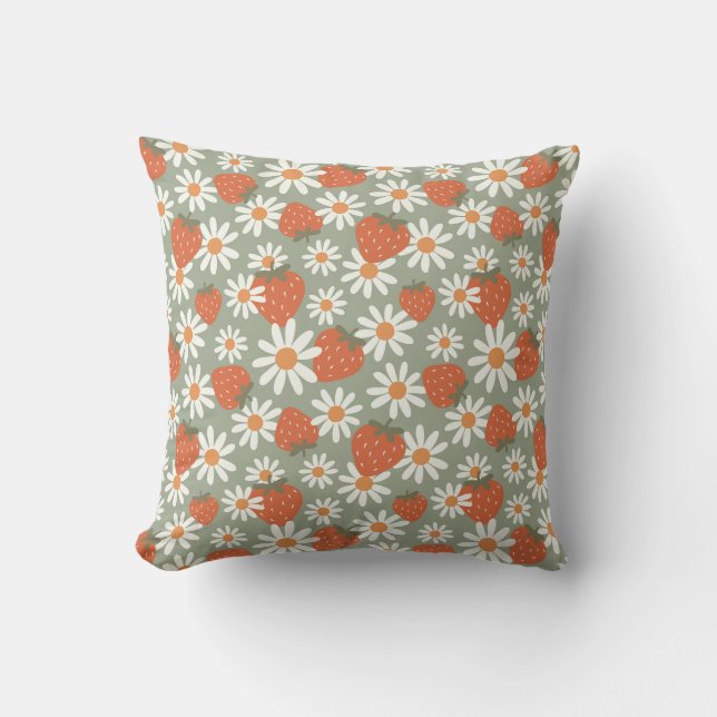 Groovy Daisy Strawberry Print Summer Spring Sage Throw Pillow (Front)