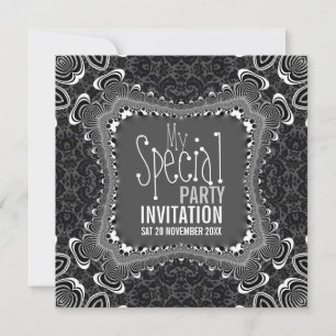 Groovy Damask Twist Black White Party Invitations