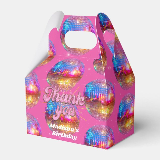 Groovy Disco Ball Gold Pink Glitter Birthday Party Favor Box (Front Side)
