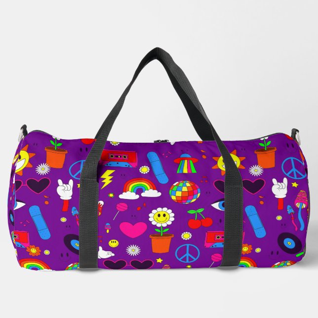 groovy disco daisy mushrooms purple duffle bag (Front)