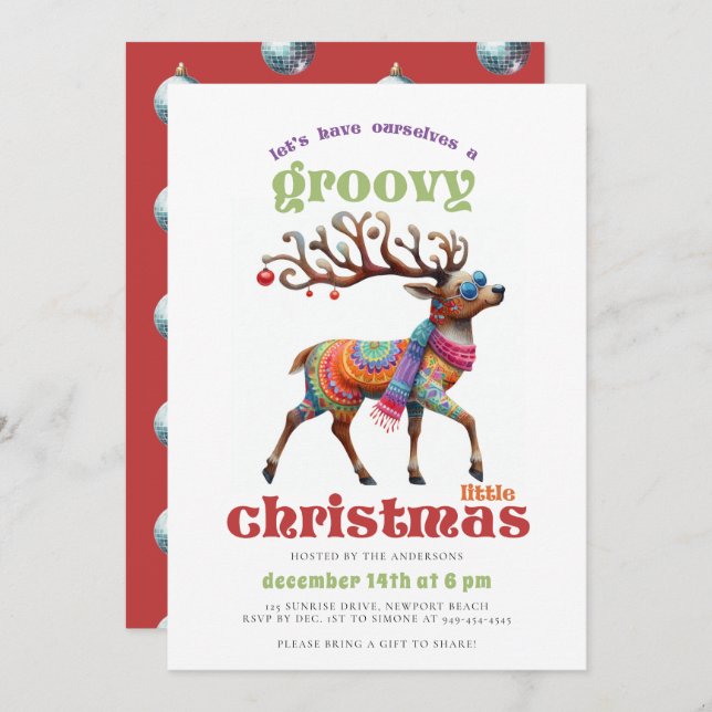 Groovy Disco Hippie Reindeer Funny Christmas Party Invitation (Front/Back)