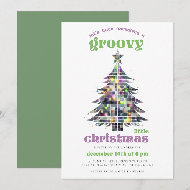 Groovy Disco Tree Retro Green Pink Christmas Party Invitation (Front/Back)