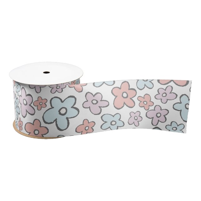 Groovy doodle flower pattern satin ribbon (Spool)