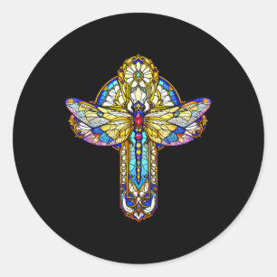 Groovy Dragonfly Cross Christian Bible Religious F Classic Round Sticker