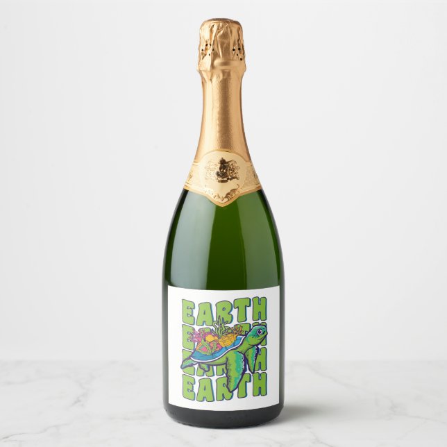 Groovy Earth Day Sea Turtle Lover Wildlife Sparkling Wine Label (Front)