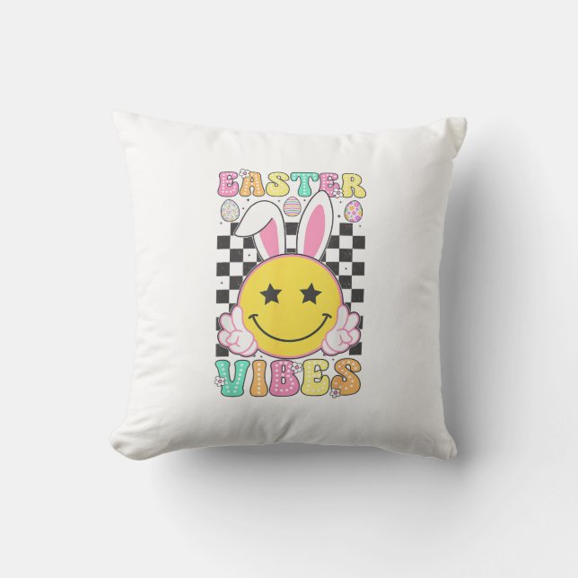 Groovy Easter Vibes Bunny Easter Day Smile Face Gi Throw Pillow (Front)