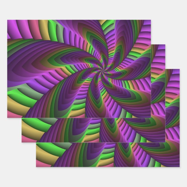 Groovy Energetic Colorful Neon Fractal Pattern Wrapping Paper Sheet (Set)