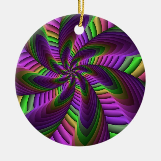 Groovy Energetic Colourful Neon Fractal Pattern Ceramic Ornament (Front)