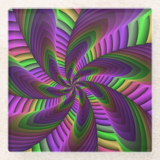 Groovy Energetic Colourful Neon Fractal Pattern Glass Coaster (Front)