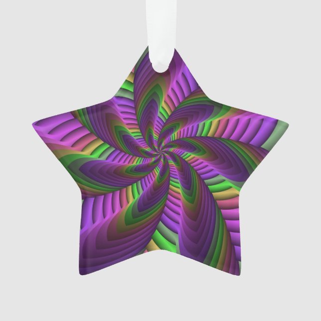Groovy Energetic Colourful Neon Fractal Pattern Ornament (Front)