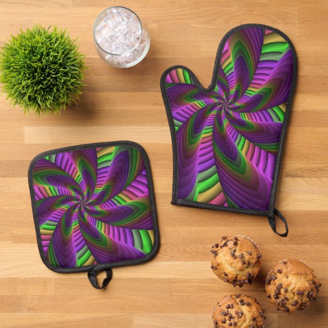 Groovy Energetic Colourful Neon Fractal Pattern Oven Mitt & Pot Holder Set (Top Down)