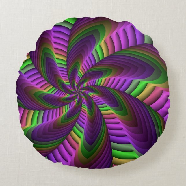 Groovy Energetic Colourful Neon Fractal Pattern Round Pillow (Front)