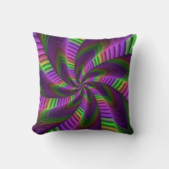 Groovy Energetic Colourful Neon Fractal Pattern Throw Pillow (Front)
