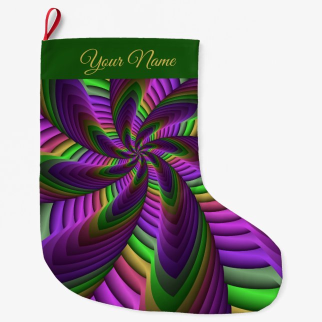 Groovy Energetic Neon Colours Fractal Pattern Name Large Christmas Stocking (Front)