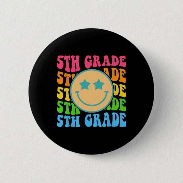 Groovy Fifth Grade Vibes Face Retro Teachers Back  2 Inch Round Button (Front)