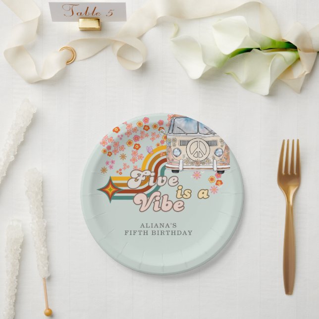 Groovy Five is a vibe daisy Van 5th birthday  Paper Plate (Wedding)