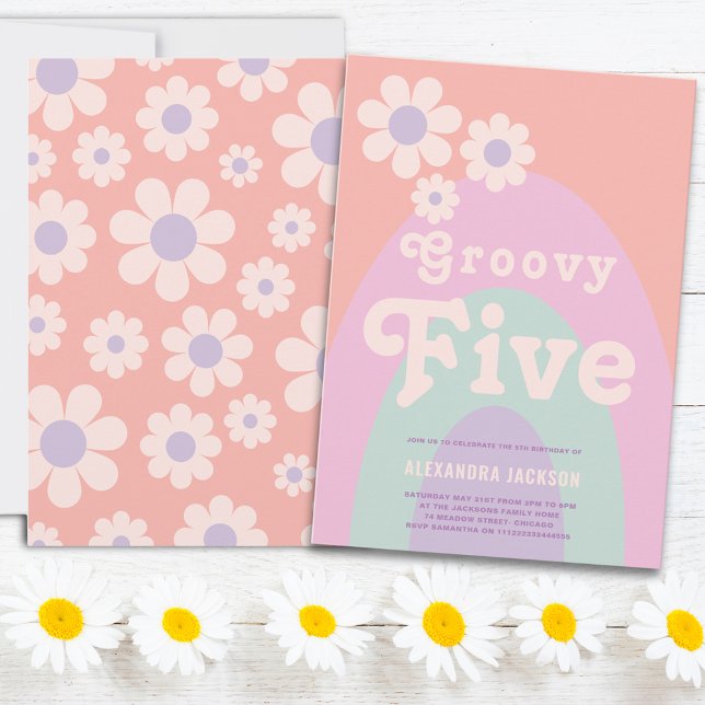 Groovy Five Retro Rainbow Floral Birthday Party Invitation (Groovy five retro daisy arch pastel 5th birthday party invitation )