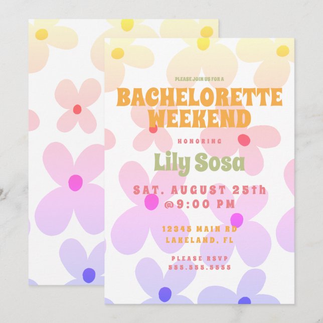 Groovy Flora  Retro Bachelorette Weekend  Rainbow  Invitation (Front/Back)