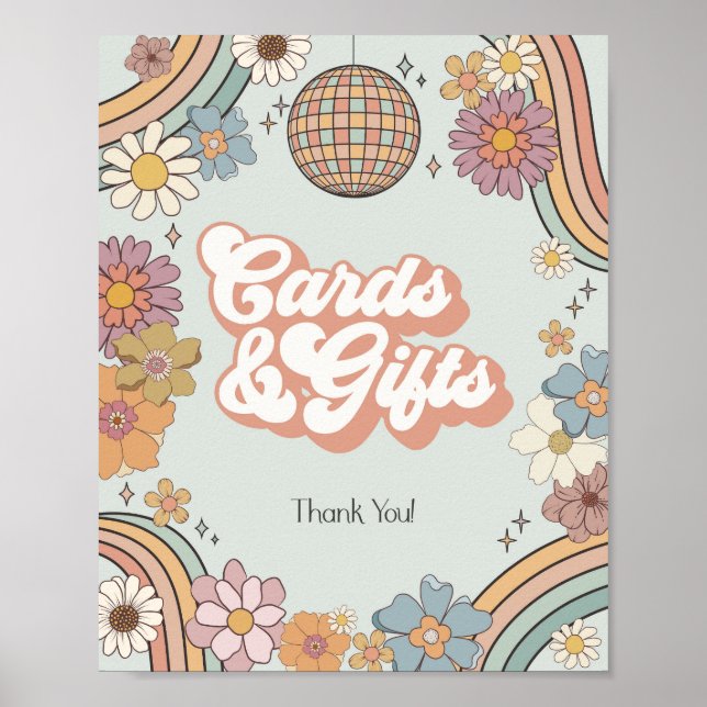 groovy floral 70s retro cards and gifts sign (Front)