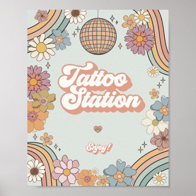 groovy floral 70s retro tattoo station favour sign (Front)