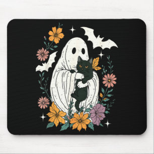 Groovy Floral Halloween Spooky Ghost Holding Black Mouse Pad