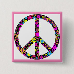 GROOVY FLORAL PEACE SIGN 2 INCH SQUARE BUTTON