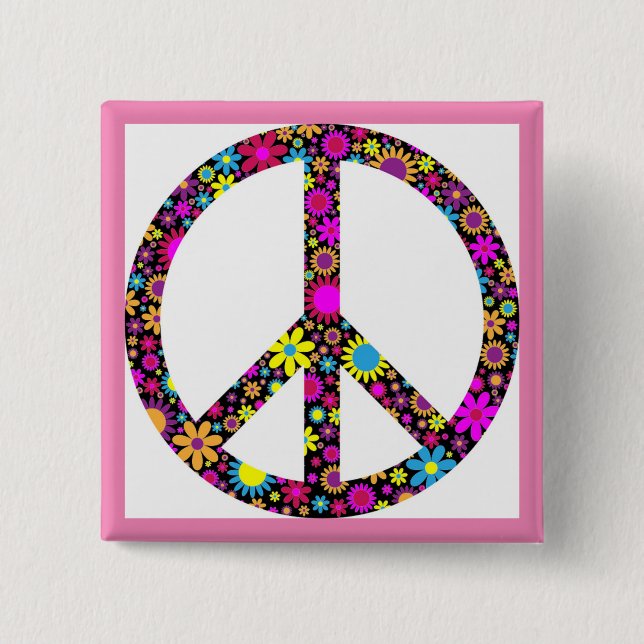 GROOVY FLORAL PEACE SIGN 2 INCH SQUARE BUTTON (Front)