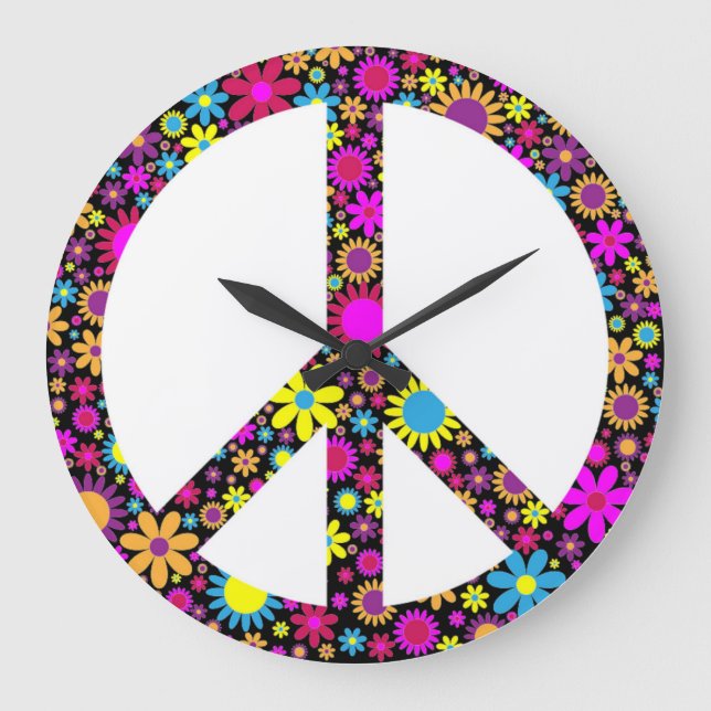 GROOVY FLORAL PEACE SIGN LARGE CLOCK (Front)