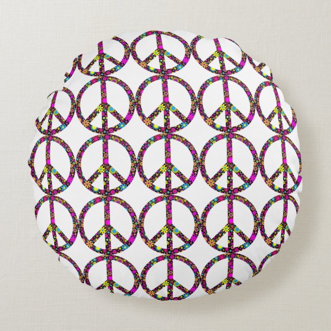 GROOVY FLORAL PEACE SIGN ROUND PILLOW (Front)
