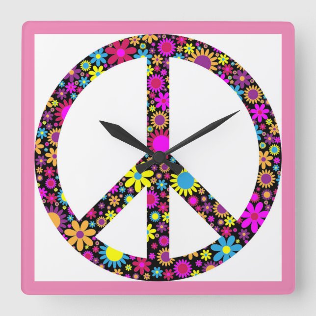 GROOVY FLORAL PEACE SIGN SQUARE WALL CLOCK (Front)