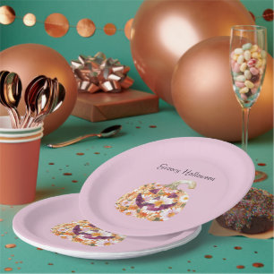 Groovy Floral Pumpkin Halloween Paper Plate