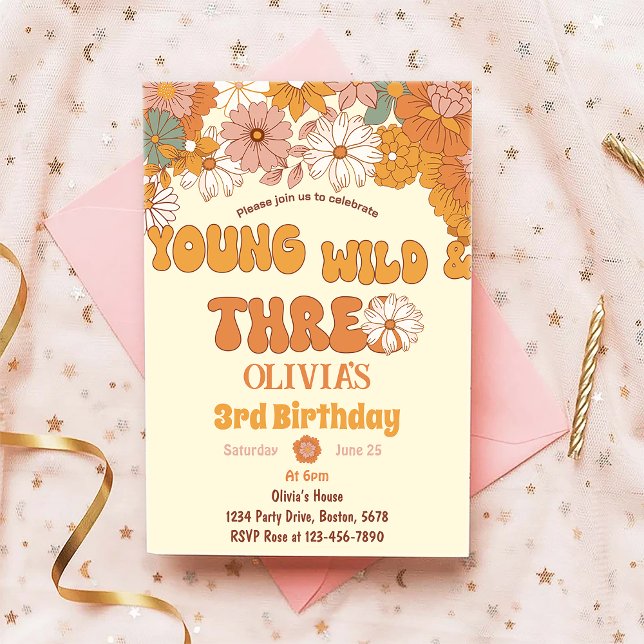 Groovy Floral Retro 3rd Birthday Invitation (Creator Uploaded)