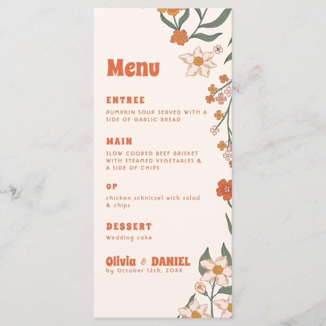 Groovy Floral Vintage Retro Wedding Menu (Front)