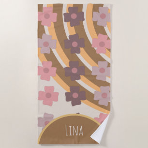 Groovy Florals Rainbow Brown Name Beach Towel