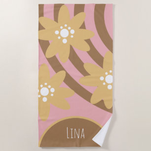 Groovy Florals Yellow Brown Name Beach Towel