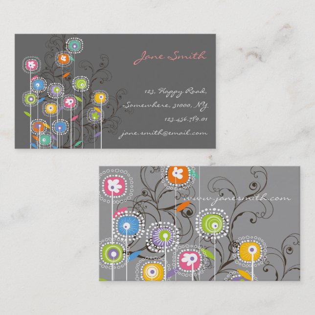 Groovy Flower Garden Cute Whimsical Business Card (Front/Back)