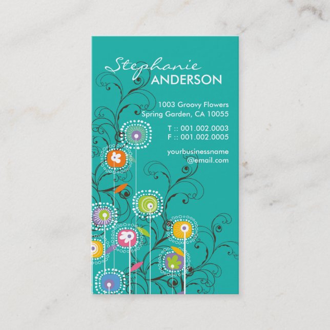 Groovy Flower Garden Whimsical Colourful Floral Business Card (Front)