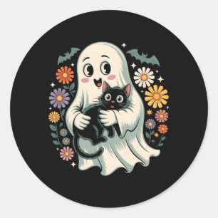 Groovy Flower Ghost Holding Black Cat Halloween Classic Round Sticker