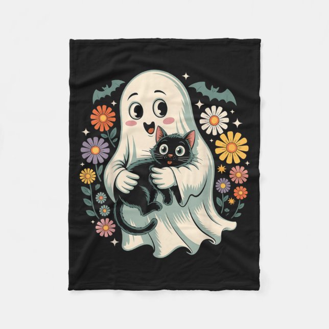 Groovy Flower Ghost Holding Black Cat Halloween Fleece Blanket (Front)