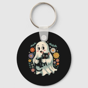 Groovy Flower Ghost Holding Black Cat Halloween Keychain