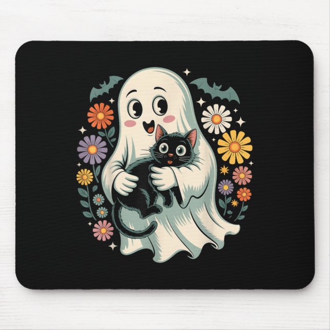 Groovy Flower Ghost Holding Black Cat Halloween Mouse Pad (Front)