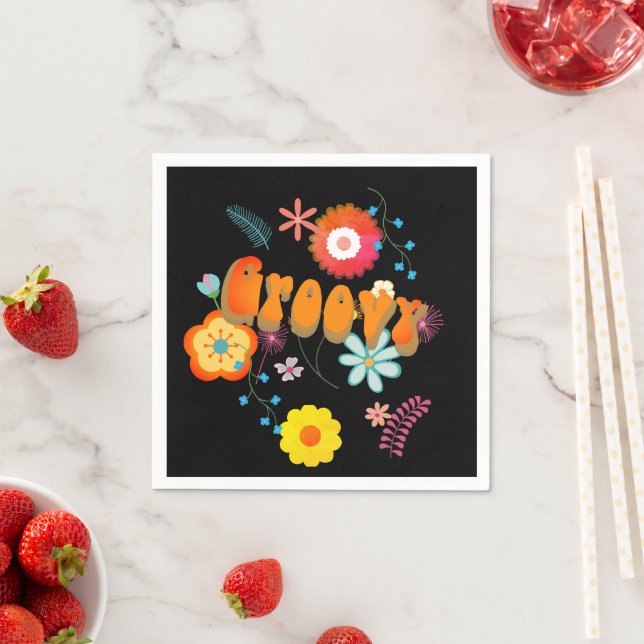 Groovy Flower Power Colourful Black Napkin (Insitu)
