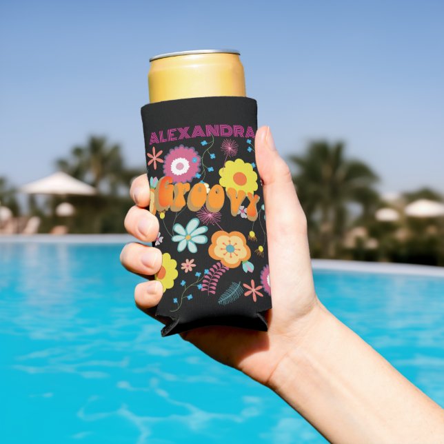 Groovy Flower Power Pink Black Seltzer Can Cooler (In Situ Pool)