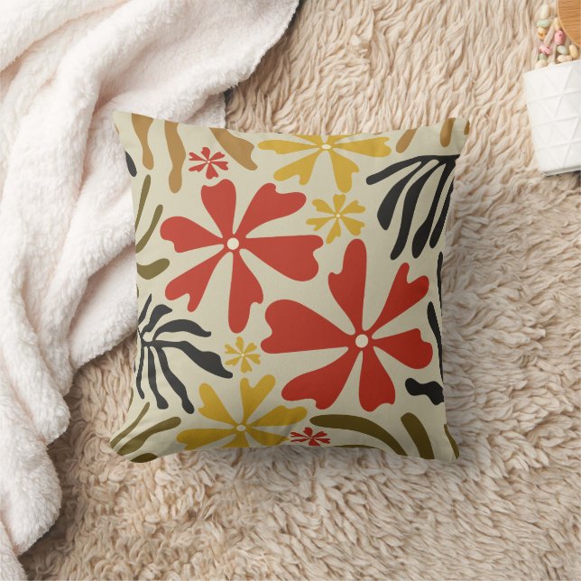 Groovy Flowers and Leaves Red, Yellow, Brown Throw Pillow (Blanket)