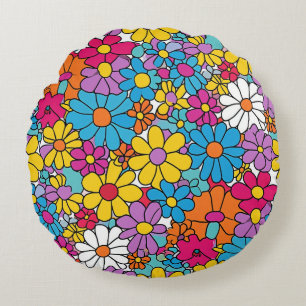 Groovy Flowers Doodle Round Pillow