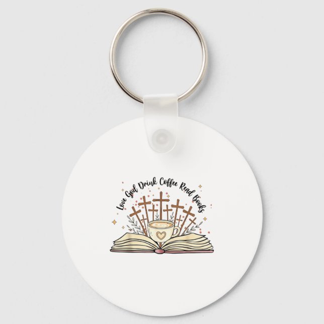 Groovy Flowers Love God Drink Coffee Read Books Ch Keychain (Front)
