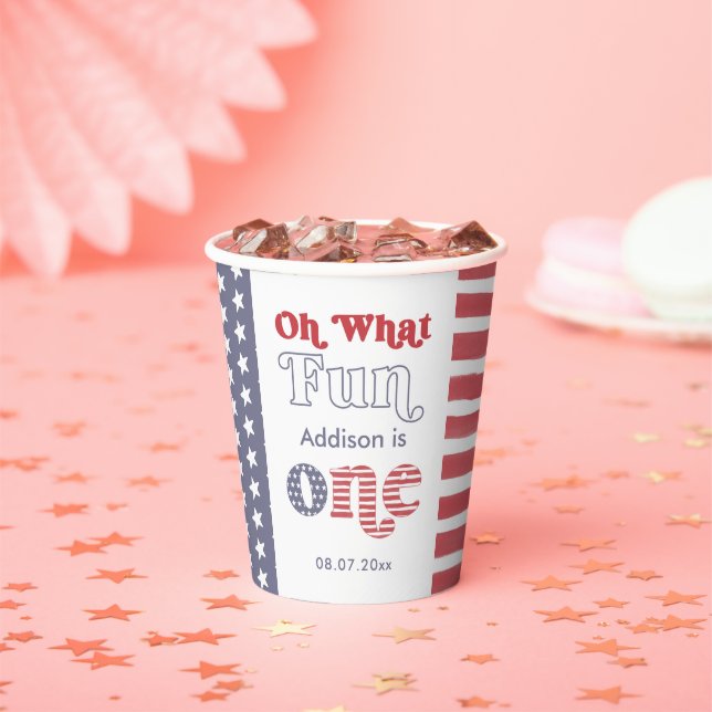Groovy Font Red White Blue 1st Birthday Party Paper Cups (Insitu)