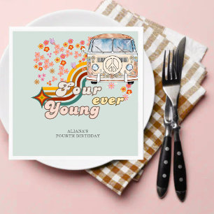 Groovy Fourever Young daisy rainbow 4th birthday  Napkin