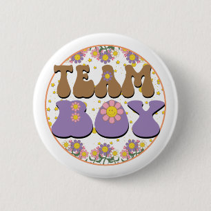 Groovy Gender Reveal Team Boy Blue, Retro Flower 2 Inch Round Button